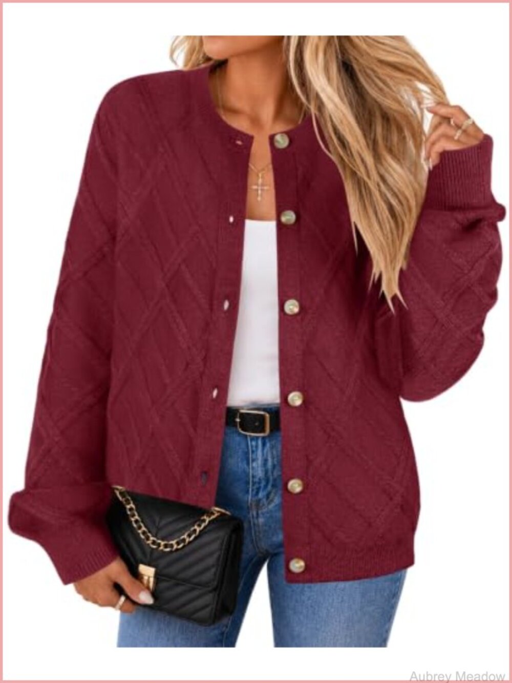 Women's Button Up Cardigan Sweater Diamond Knit Crew Neck Long Sleeve
